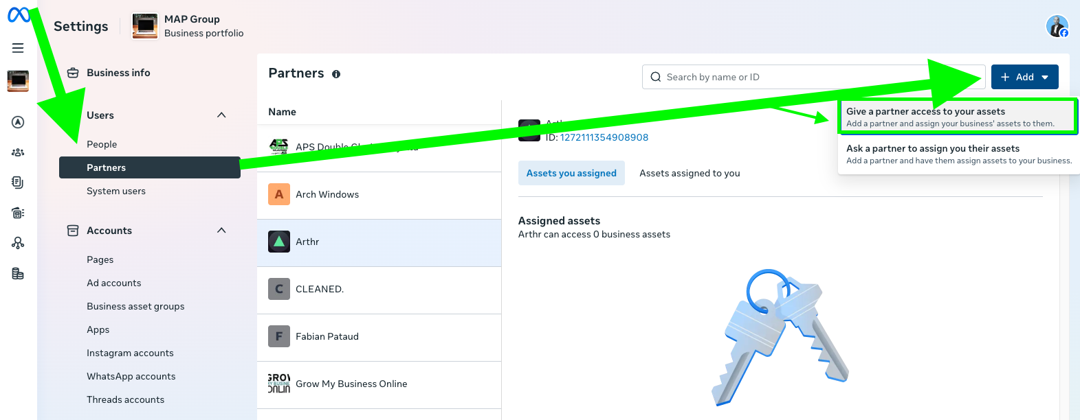 Meta Business Manager Partners page: Users → Partners → + Add → Give a partner access to your assets